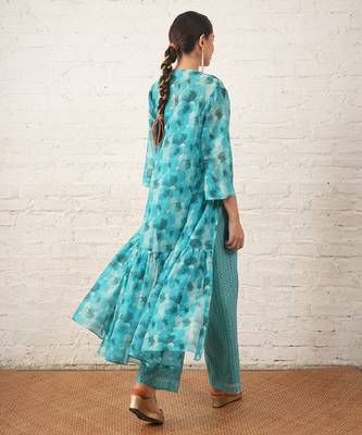 Aqua blue printed chanderi co ord set 3