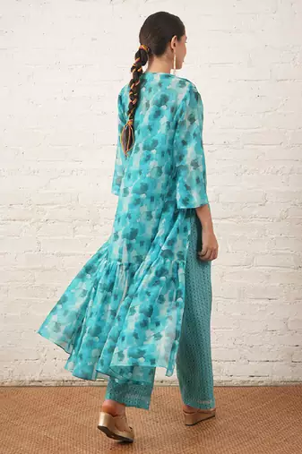 Aqua blue printed chanderi co ord set