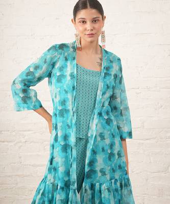 Aqua blue printed chanderi co ord set 4