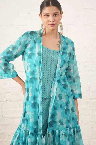Aqua blue printed chanderi co ord set