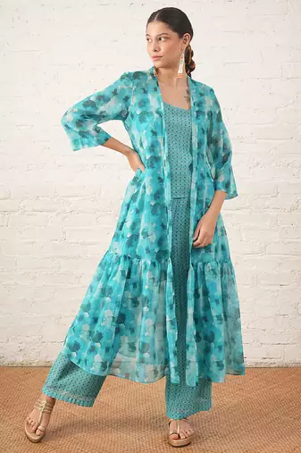 Aqua blue printed chanderi co ord set