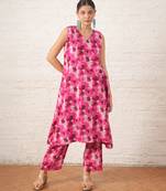 Pink floral printed chanderi kurta set