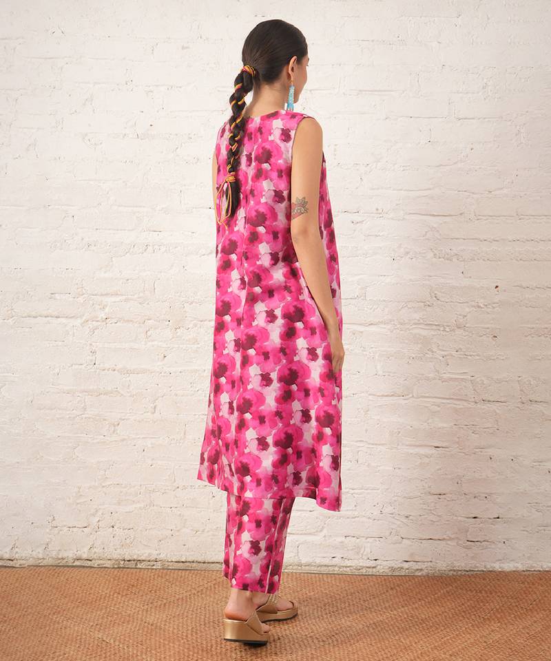 Pink floral printed chanderi kurta set