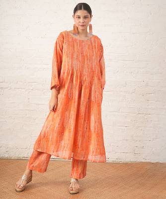 Peach printed chanderi kurta set 1