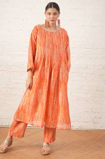 Peach printed chanderi kurta set