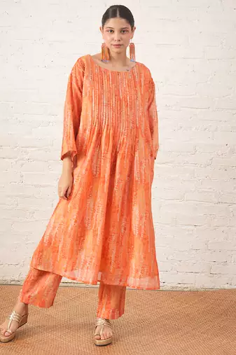 Peach printed chanderi kurta set