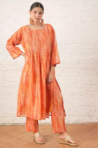 Peach printed chanderi kurta set