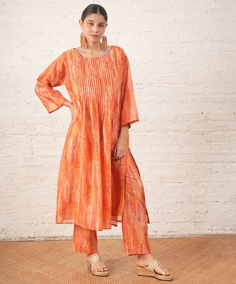Peach printed chanderi kurta set