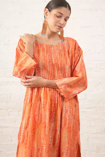 Peach printed chanderi kurta set