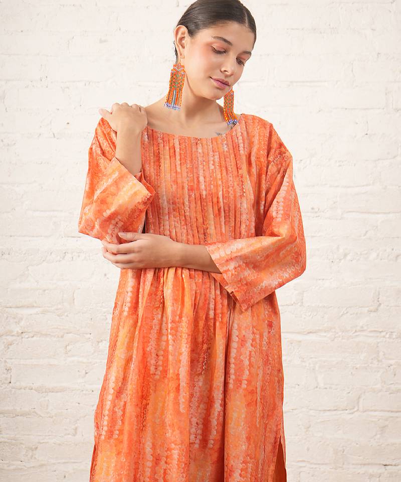 Peach printed chanderi kurta set