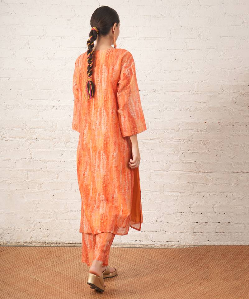 Peach printed chanderi kurta set