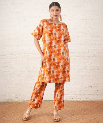 Rust orange printed cotton kurta set 1