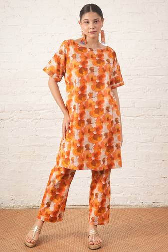 Rust orange printed cotton kurta set