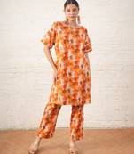 Rust orange printed cotton kurta set