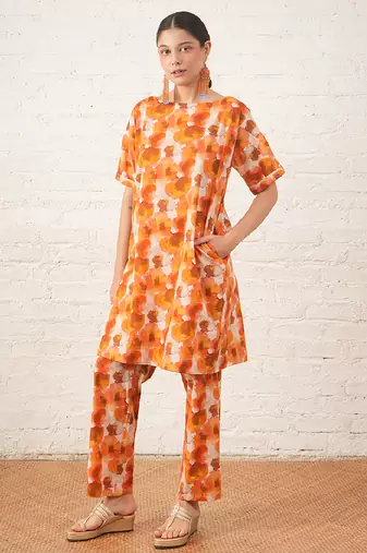 Rust orange printed cotton kurta set