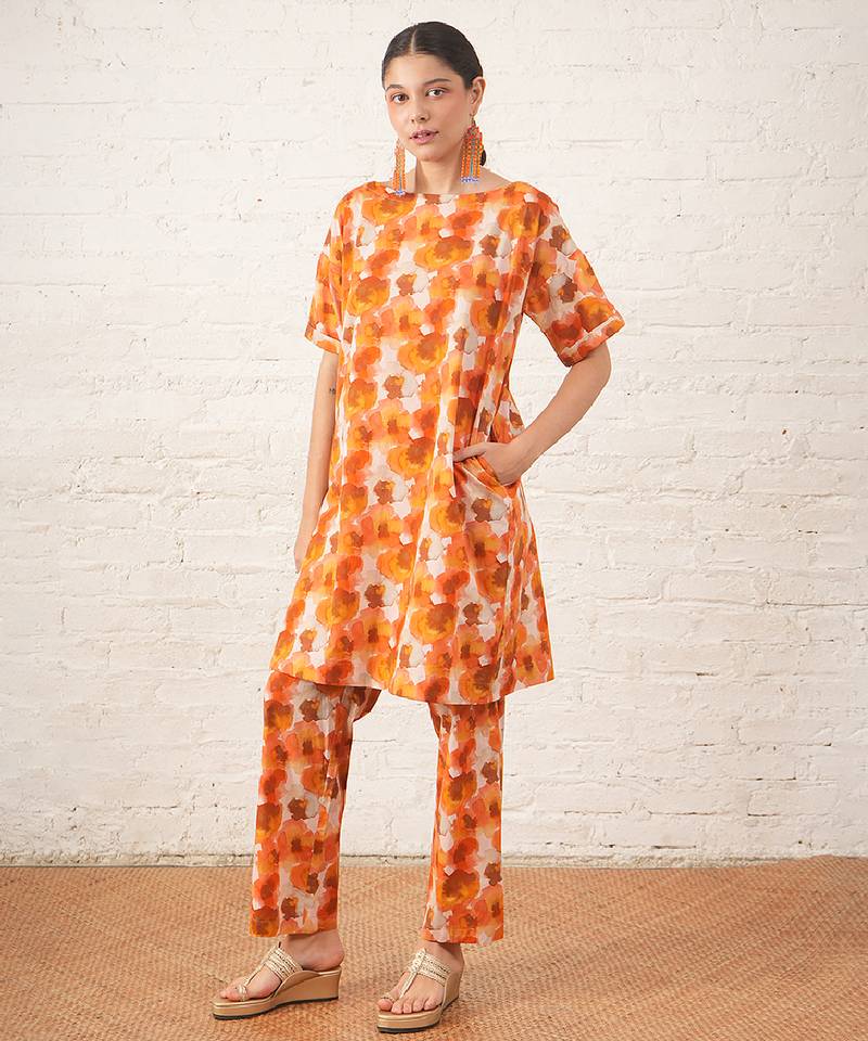 Rust orange printed cotton kurta set