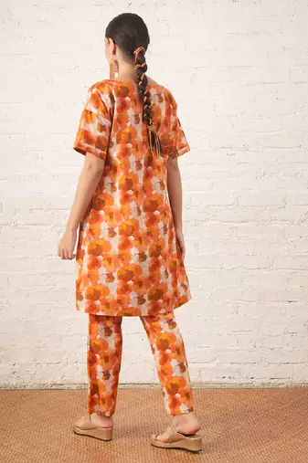 Rust orange printed cotton kurta set