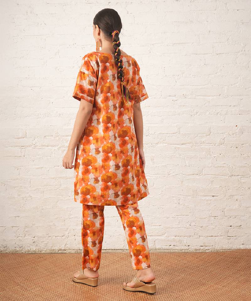Rust orange printed cotton kurta set