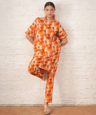 Rust orange printed cotton kurta set 4