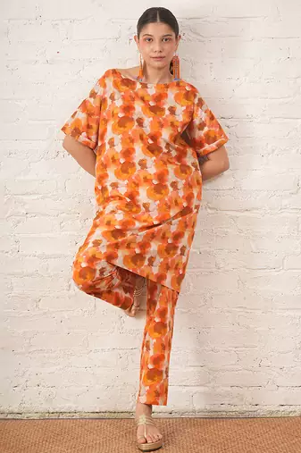 Rust orange printed cotton kurta set