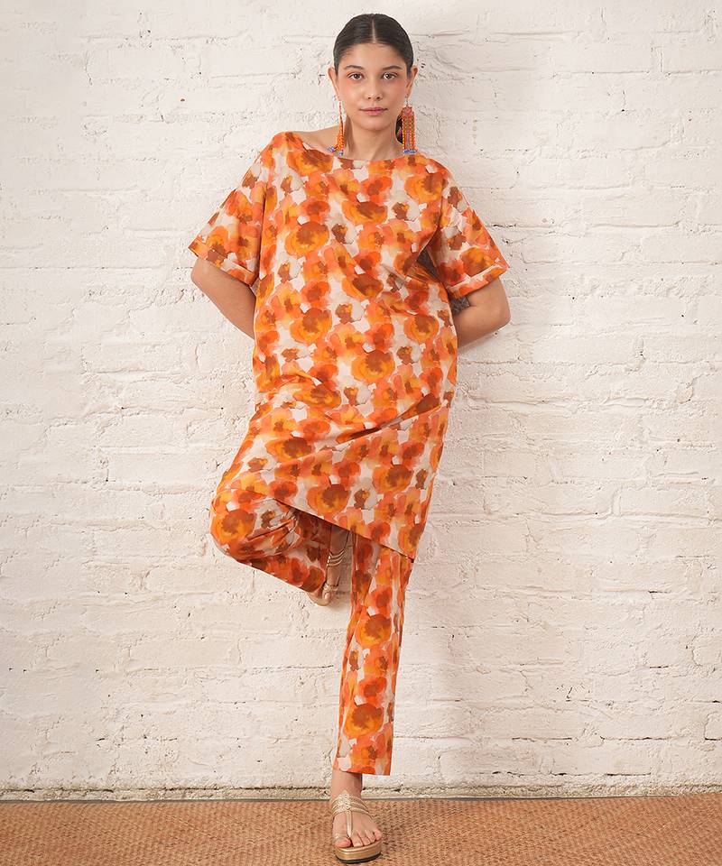 Rust orange printed cotton kurta set
