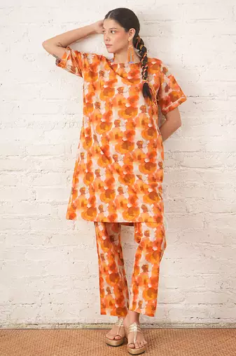 Rust orange printed cotton kurta set