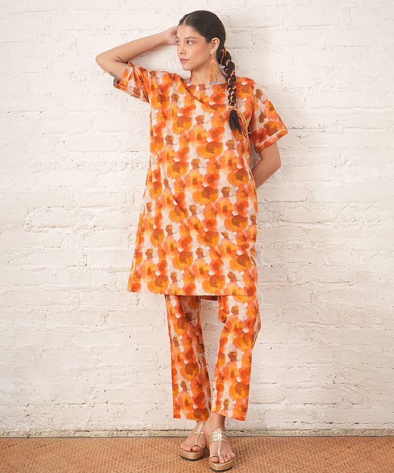Rust orange printed cotton kurta set