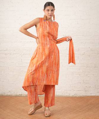 Peach printed cotton kurta set 1