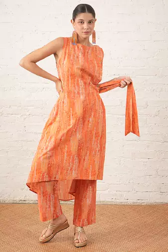 Peach printed cotton kurta set