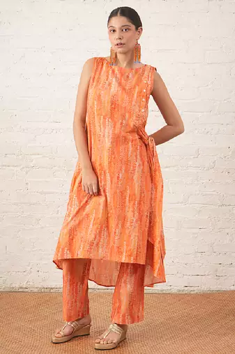 Peach printed cotton kurta set