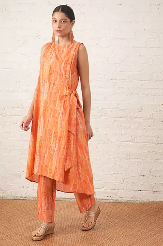 Peach printed cotton kurta set