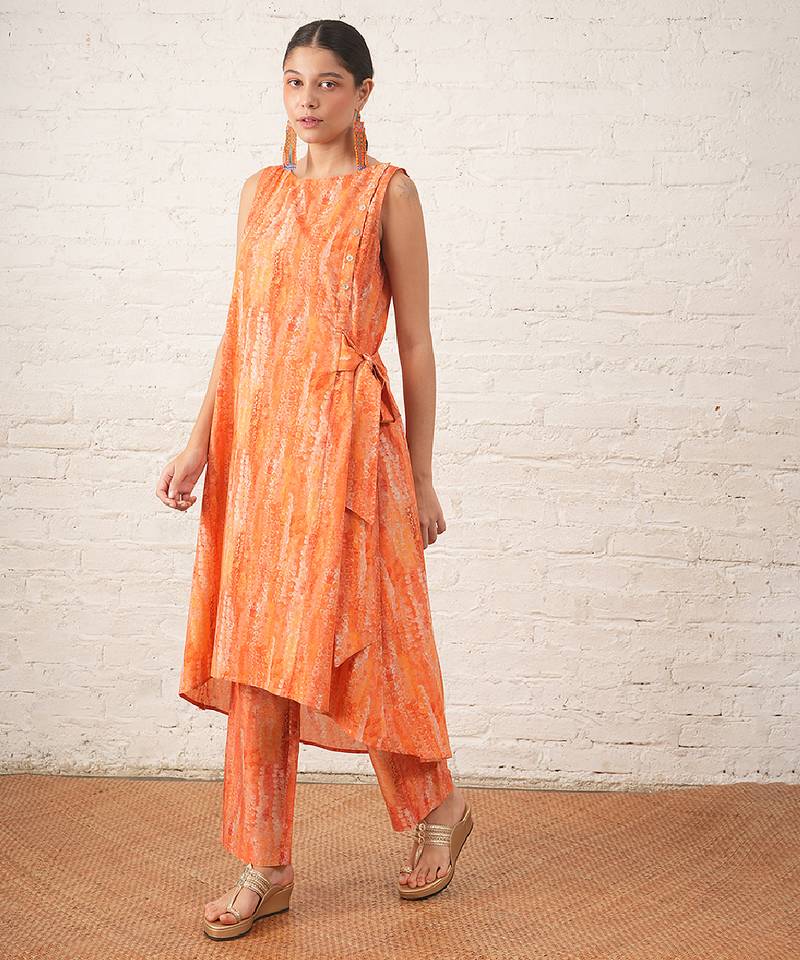 Peach printed cotton kurta set