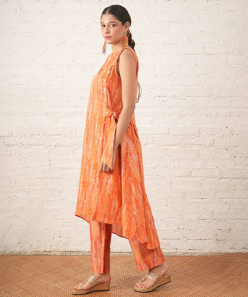 Peach printed cotton kurta set