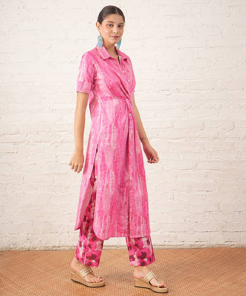 Pink printed cotton kurta set
