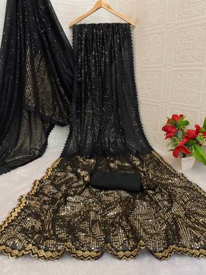 black georgette saree with embroidery sequin work and lace border 5