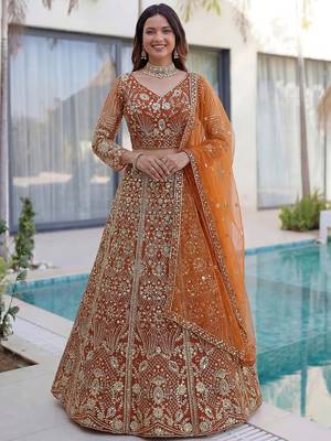 Gorgeous Orange Sequins Net Evening Wear Lehenga Choli With Dupatta 1