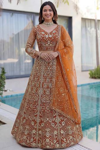 Gorgeous Orange Sequins Net Evening Wear Lehenga Choli With Dupatta