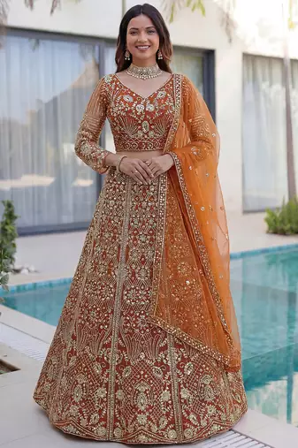 Gorgeous Orange Sequins Net Evening Wear Lehenga Choli With Dupatta