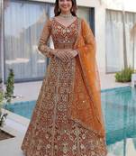 Gorgeous Orange Sequins Net Evening Wear Lehenga Choli With Dupatta