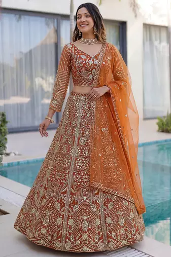 Gorgeous Orange Sequins Net Evening Wear Lehenga Choli With Dupatta