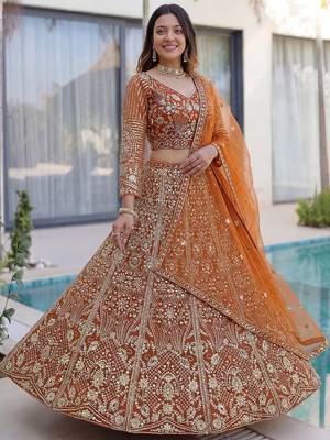 Gorgeous Orange Sequins Net Evening Wear Lehenga Choli With Dupatta 3