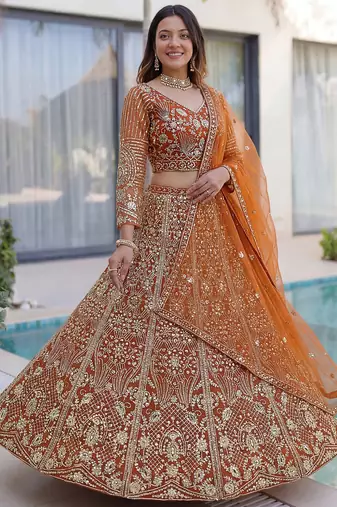 Gorgeous Orange Sequins Net Evening Wear Lehenga Choli With Dupatta