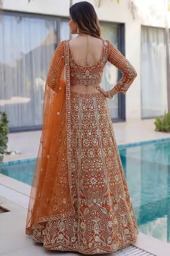 Gorgeous Orange Sequins Net Evening Wear Lehenga Choli With Dupatta