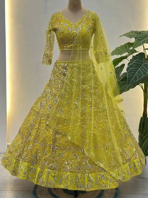 Awesome Lime Yellow Coding Work Net Cocktail Wear Lehenga Choli 6
