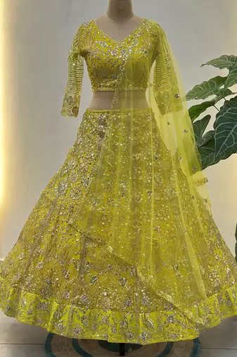 Awesome Lime Yellow Coding Work Net Cocktail Wear Lehenga Choli