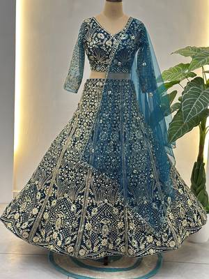Splendid Teal Blue Sequins Net Party Wear Lehenga With Blouse 6