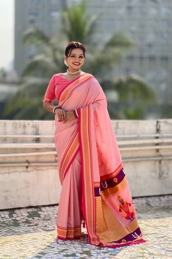 Peach organza zari weaving saree with matching blouse piece