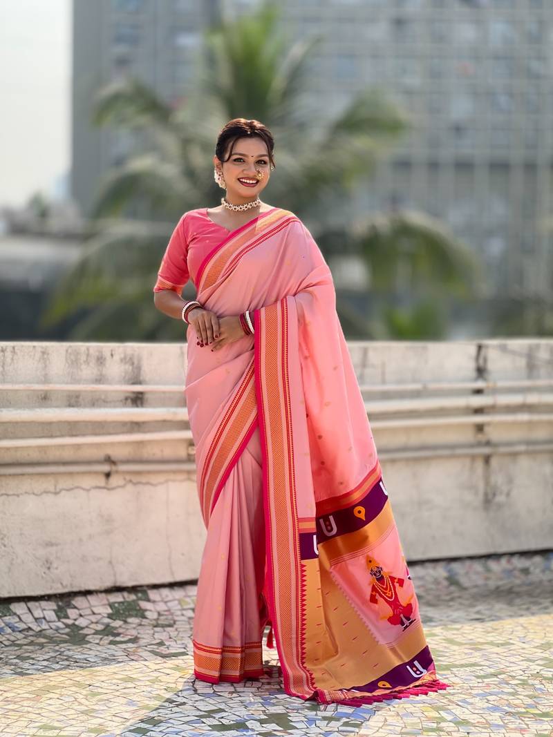 Peach organza zari weaving saree with matching blouse piece