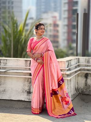 Peach organza zari weaving saree with matching blouse piece 3
