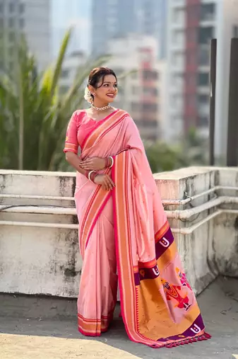 Peach organza zari weaving saree with matching blouse piece
